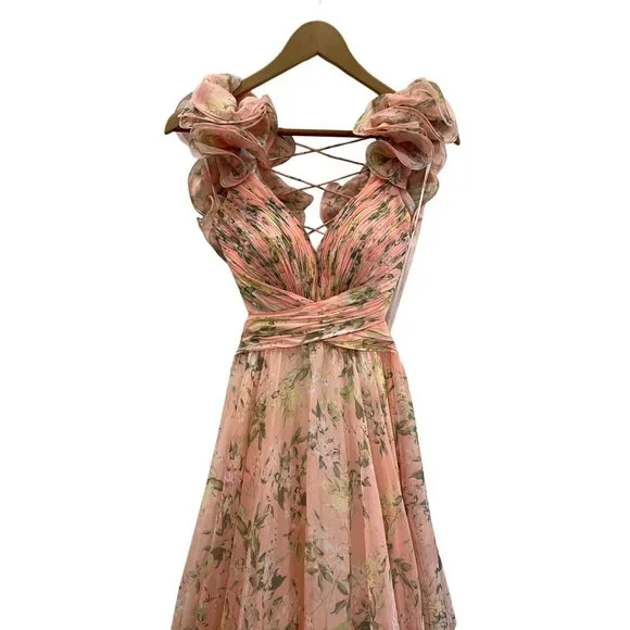 Anthropologie Mac Duggal Indy Ruffle Tiered Floral Chiffon Gown Size 2 Maxi Dres - Picture 6 of 8